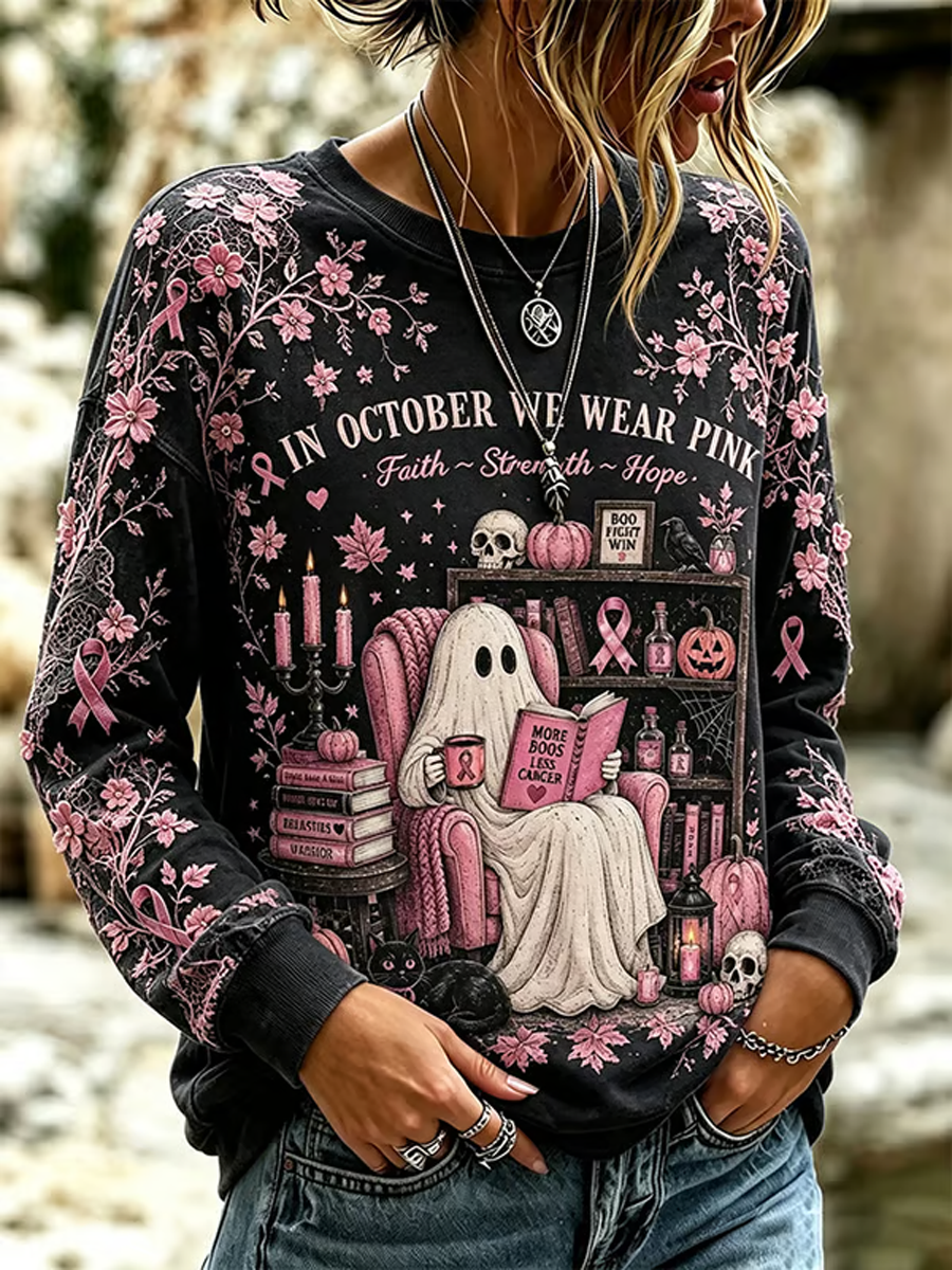 Women's Breast Cancer Halloween Print Hoodie
