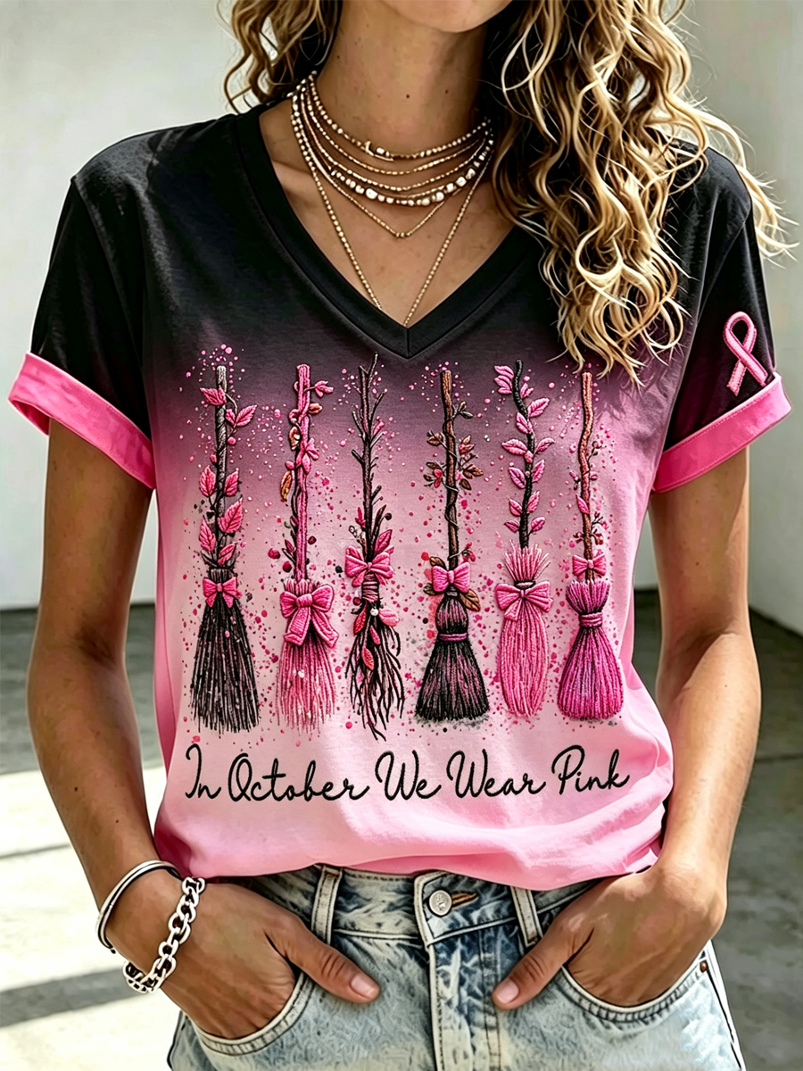 Women'S Casual Gradual Change Halloween Breast Cancer Printed T-Shirt