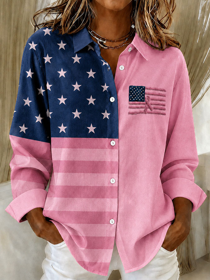 Women'S Casual Breast Cancer Awareness Propaganda Flag Art Print Shirt