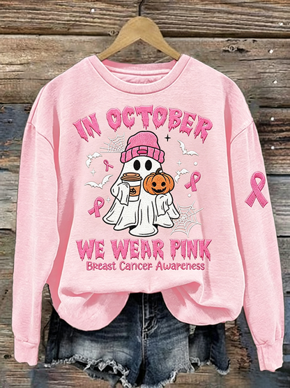 Women's Halloween Ghost In October We Wear Pink Breast Cancer Awareness Sweatshirt