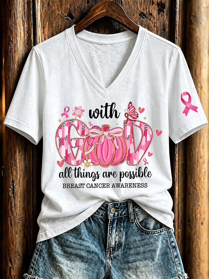 Women'S Breast Cancer Awareness And Ghost Witch Halloween Support Printed T-Shirt