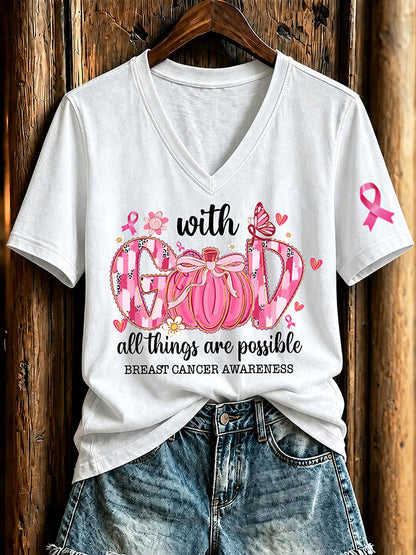 Women'S Breast Cancer Awareness And Ghost Witch Halloween Support Printed T-Shirt