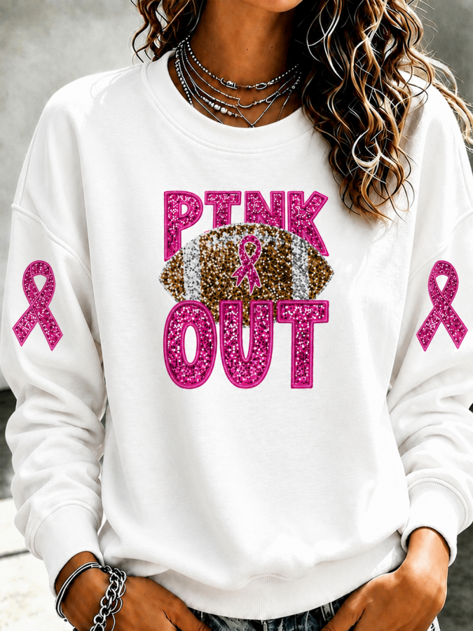 Women'S Pink Patchwork Print Breast Cancer Awareness Crewneck Sweatshirt