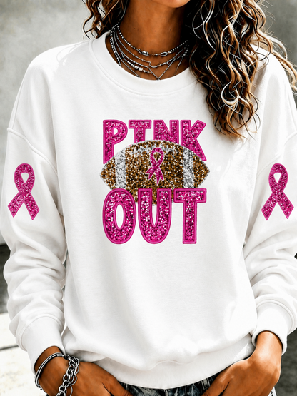 Women'S Pink Patchwork Print Breast Cancer Awareness Crewneck Sweatshirt