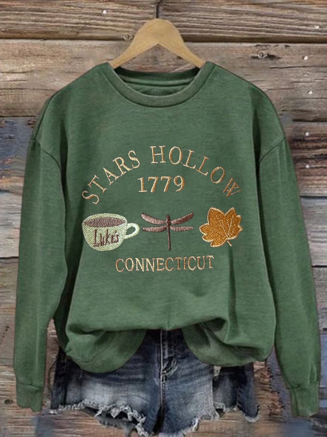 Retro Fall Stars Hollow 1779 Connecticut Luke’s Coffee Cup Dragonfly Maple Leaf Print Sweatshirt