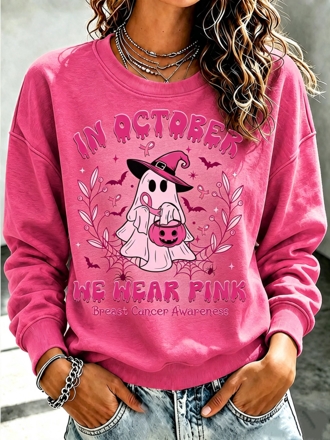 Women'S In October We Wear Pink Printed Round Neck Sports Shirt