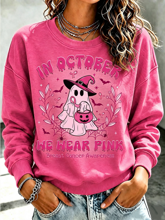 Women'S In October We Wear Pink Printed Round Neck Sports Shirt