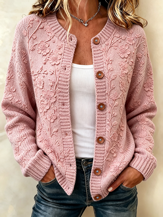Ladies' Casual Floral Knitted Cardigan Top