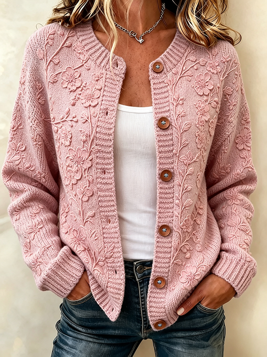 Ladies' Casual Floral Knitted Cardigan Top