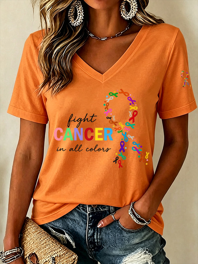 Women'S Fight Cancer In All Color Printed V-Neck T-Shirt