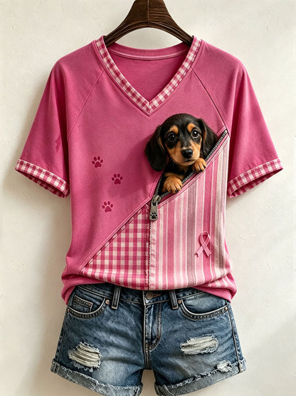 Cute Women'S Spliced T-Shirt Adorned With A Dachshund Pattern And Artwork