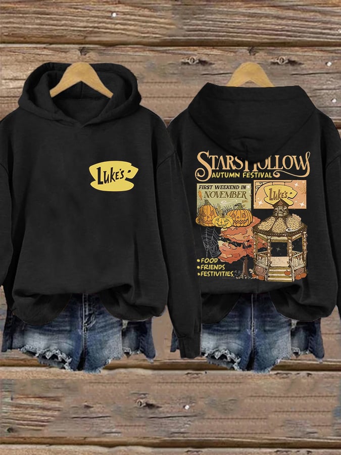 Retro Fall Pumpkins Stars Hollow Autumn Festival First Weekend In November Luke'S Food Friends Festivities Print Hoodie