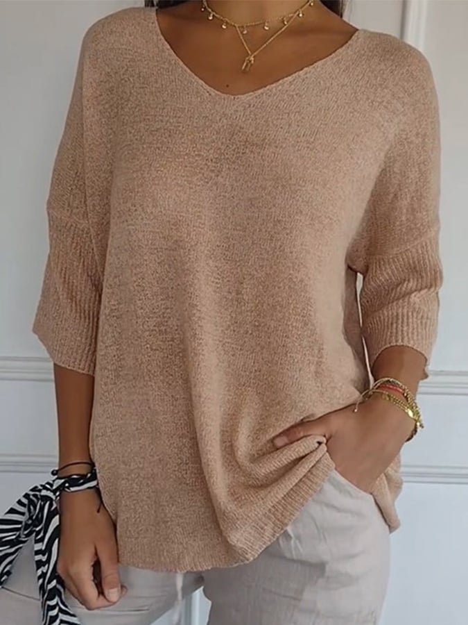 Women'S Casual V-Neck Three-Quarter Sleeve Solid Color Knit Sweater
