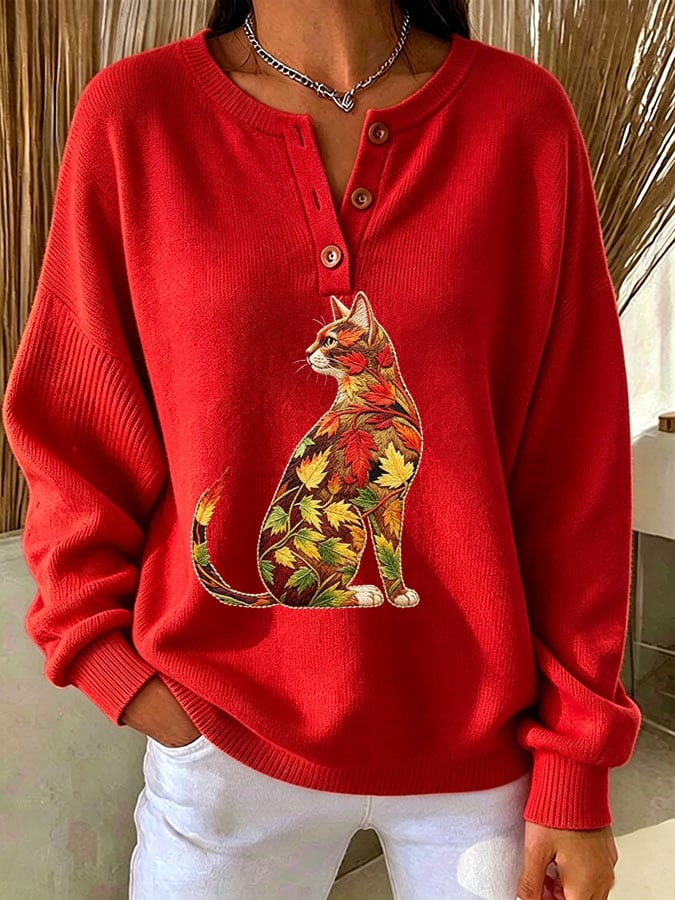 Women's Casual Print Button-Up Collar Knit Top