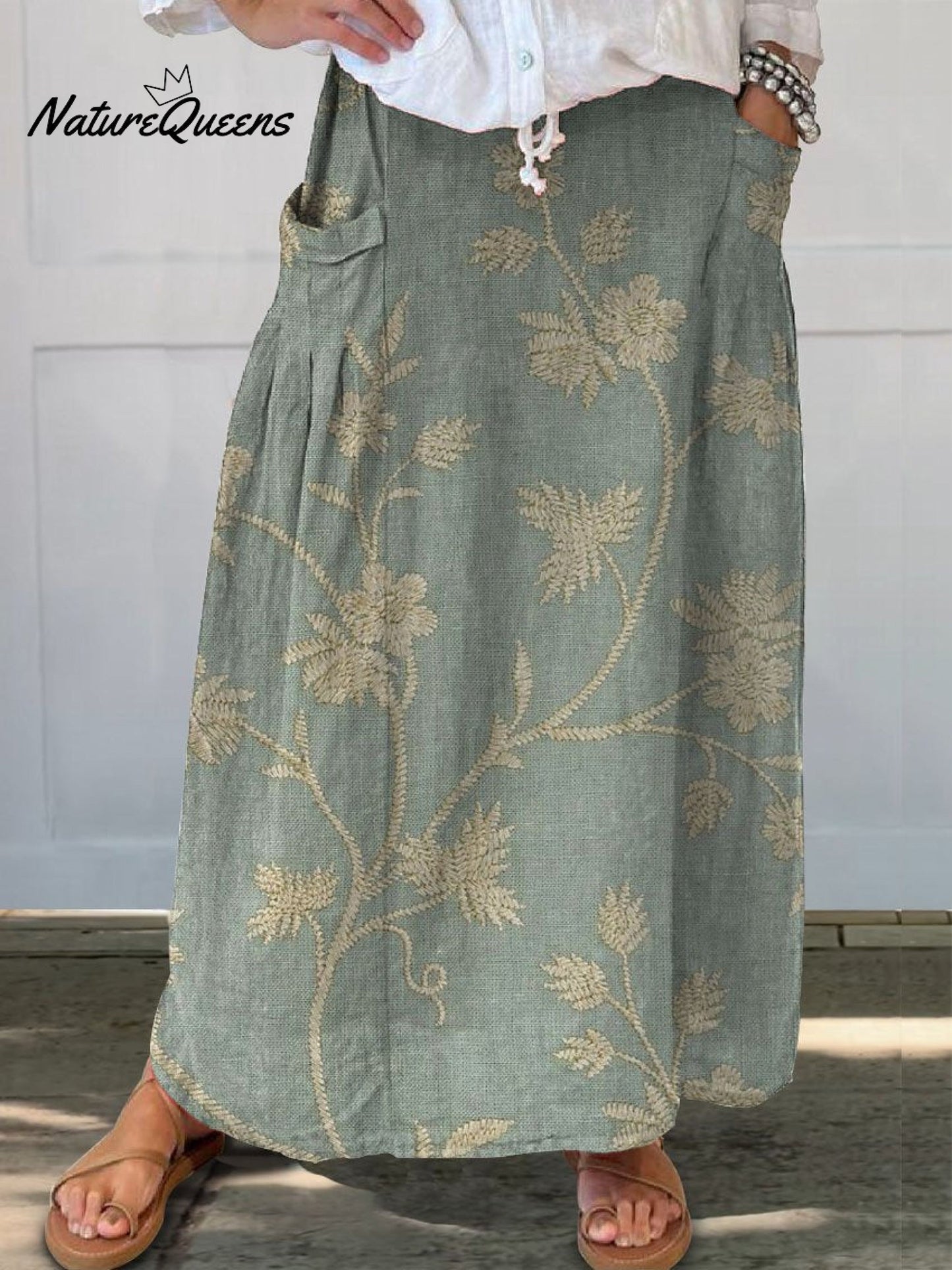 Women's Retro Floral Art Linen Elastic waistband Pocket Skirt