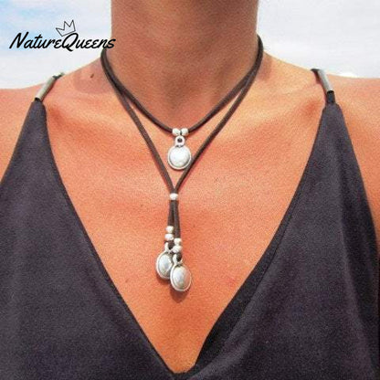 Bohemian vintage alloy round double layer pendant necklace