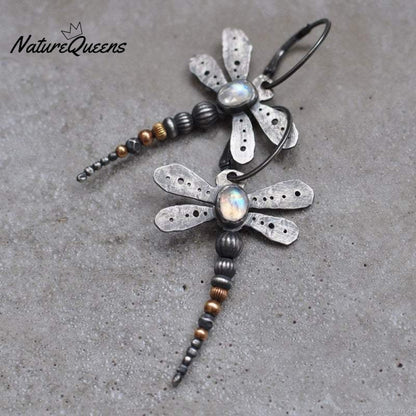 Round moonstone dragonfly earrings