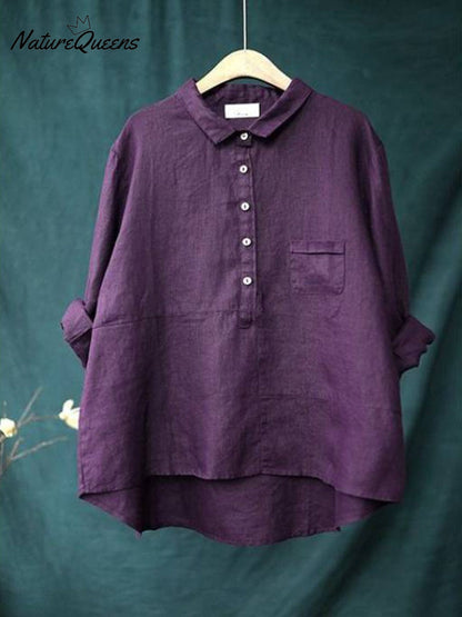 Women's Lapel Neck Casual Solid Colour Cotton And Linen Long Sleeve Shirt