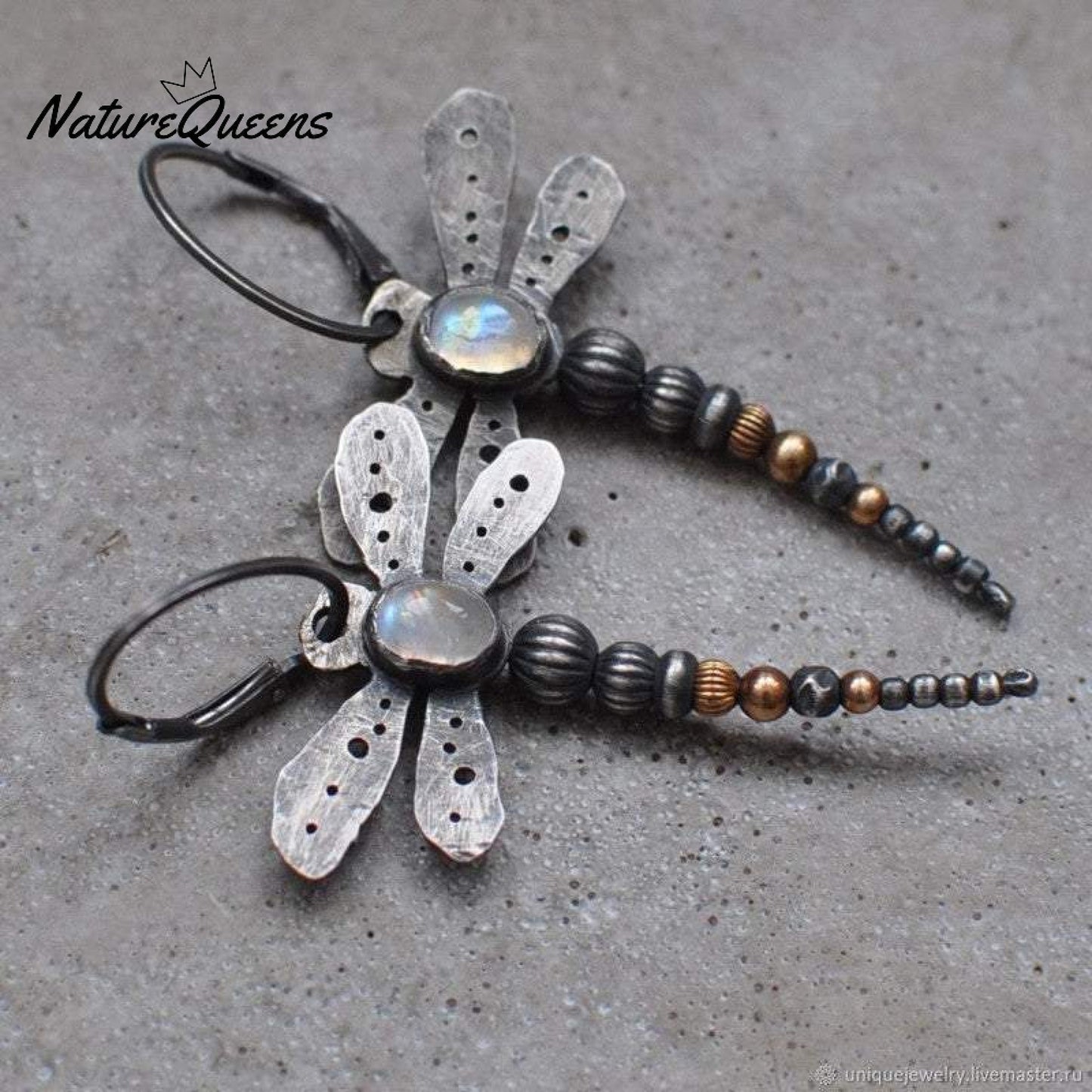 Round moonstone dragonfly earrings