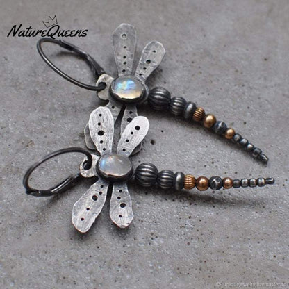 Round moonstone dragonfly earrings