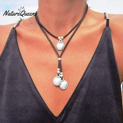 Bohemian vintage alloy round double layer pendant necklace