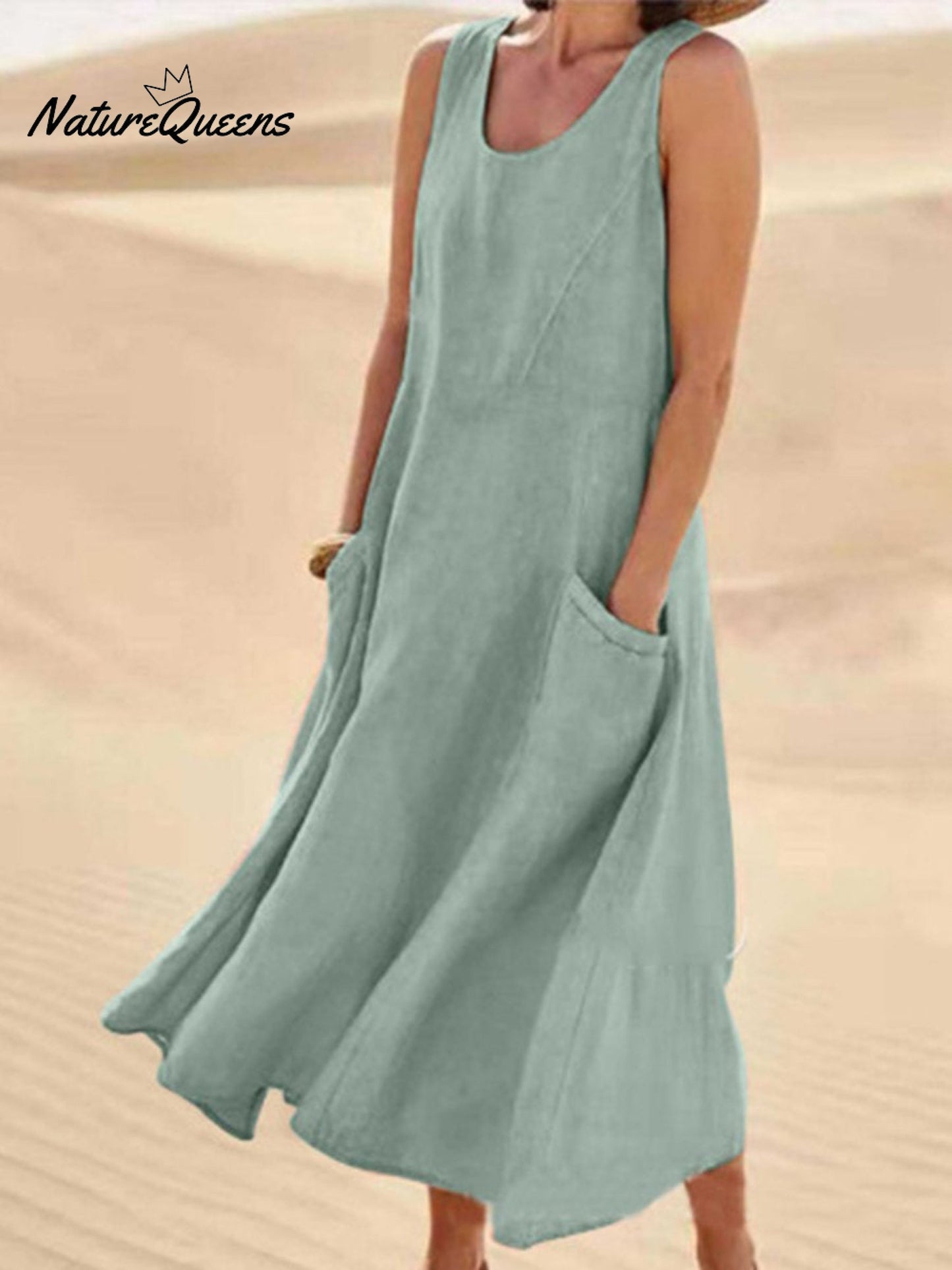 Women Sleeveless Sundress Elegant Round Neck Cotton Linen Solid Long Tank Casual Summer Dress