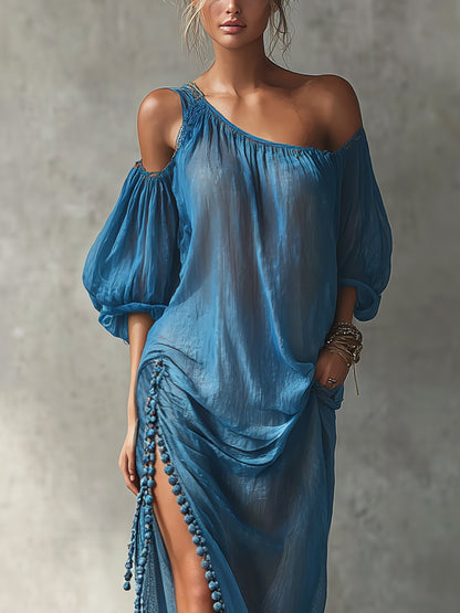 One-shoulder Off-shoulder Dress With Puff Sleeves, Pom-pom Trim, And Side Slit
