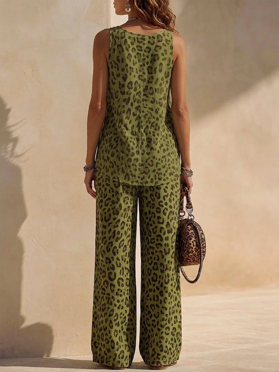 Cozy & Flowy Leopard Print Chiffon Sleeveless Top And Pants Two-piece Set