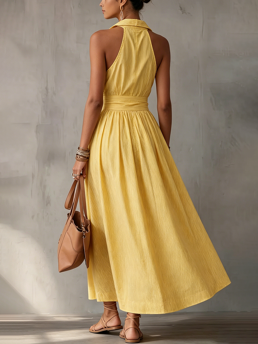 Sun-drenched Yellow Striped Maxi Dress - Cruise-ready Halter Neck Sundress