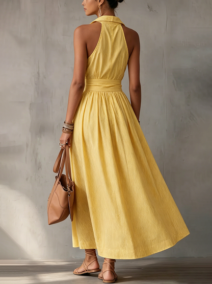 Sun-drenched Yellow Striped Maxi Dress - Cruise-ready Halter Neck Sundress