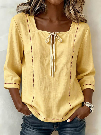 Women's Square-neck 3/4-sleeve Loose-fit Cotton-linen Top