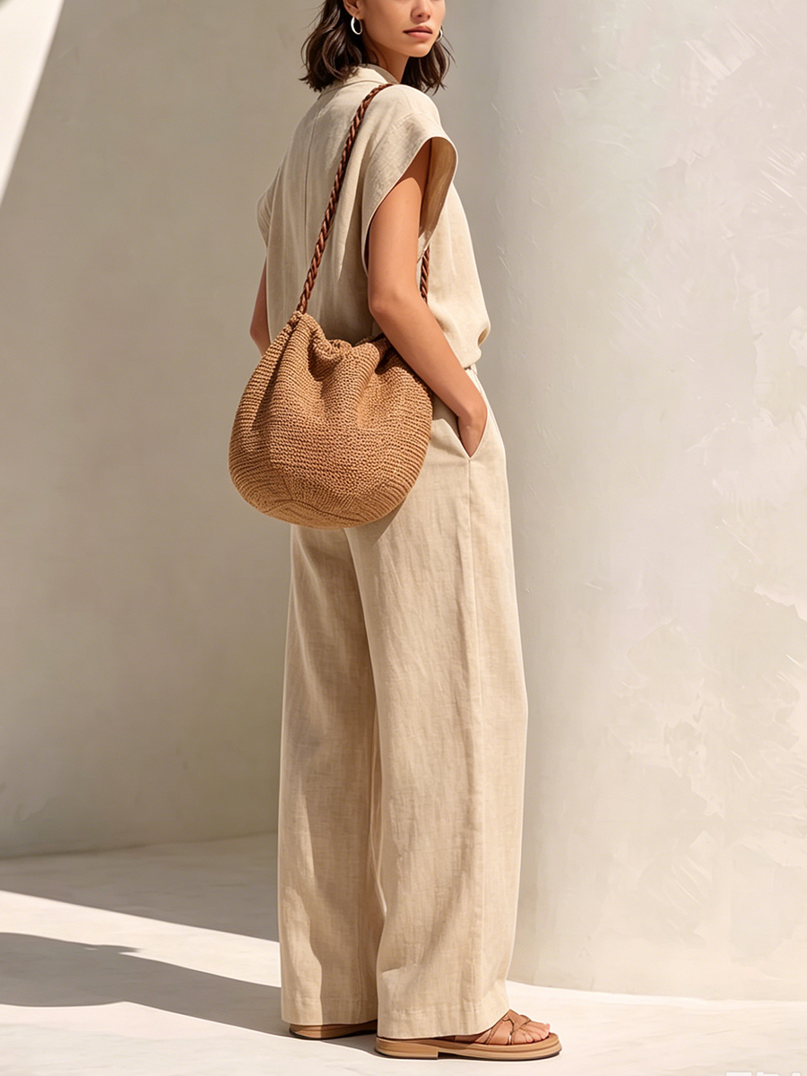 Minimalist Stand-collar Zip-up Top & Wide-leg Pants Two-piece Set