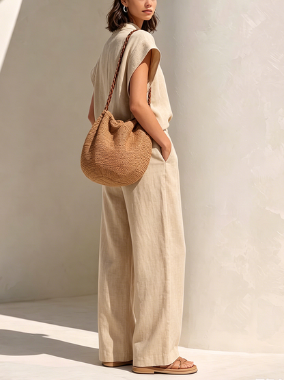 Minimalist Stand-collar Zip-up Top & Wide-leg Pants Two-piece Set