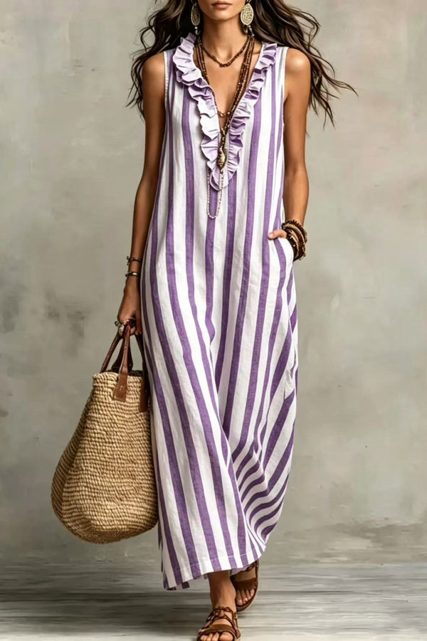 Women's Retro Striped Ruffle Sleeveless Dress