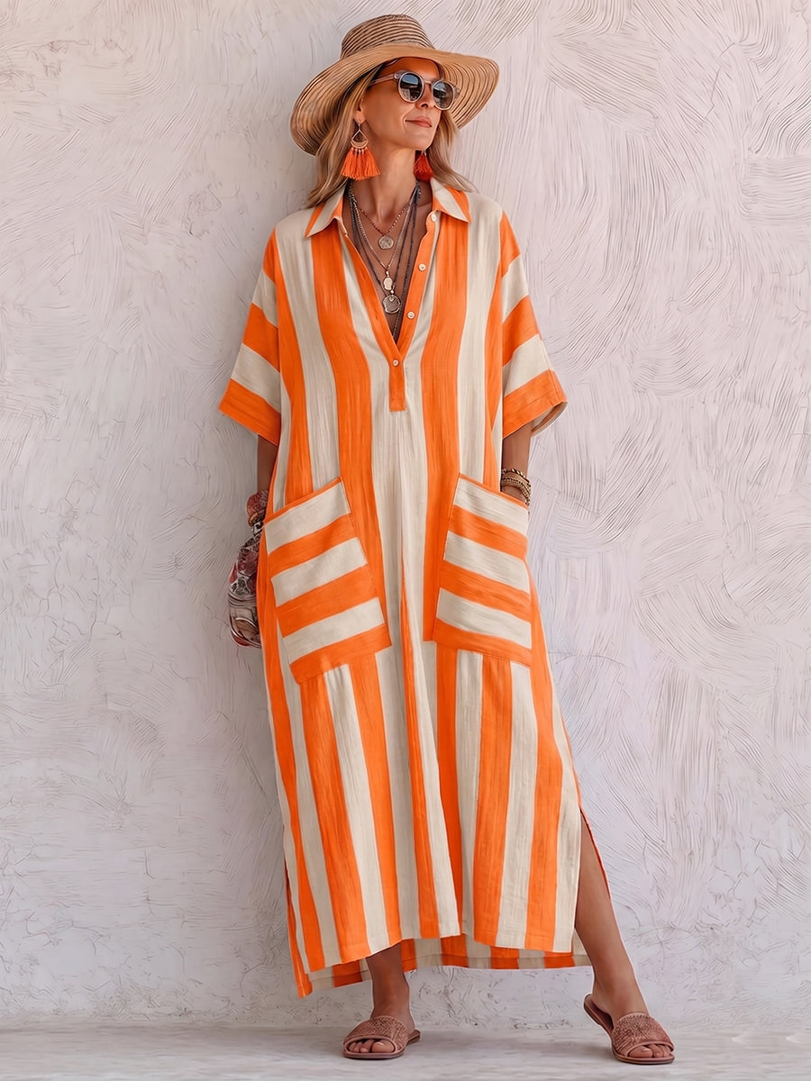 Cozy Classic Striped Cotton-linen Dress