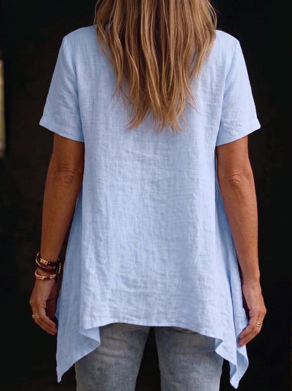 Women's Solid-color Swing-neck Cotton-linen Top With Asymmetrical Hem