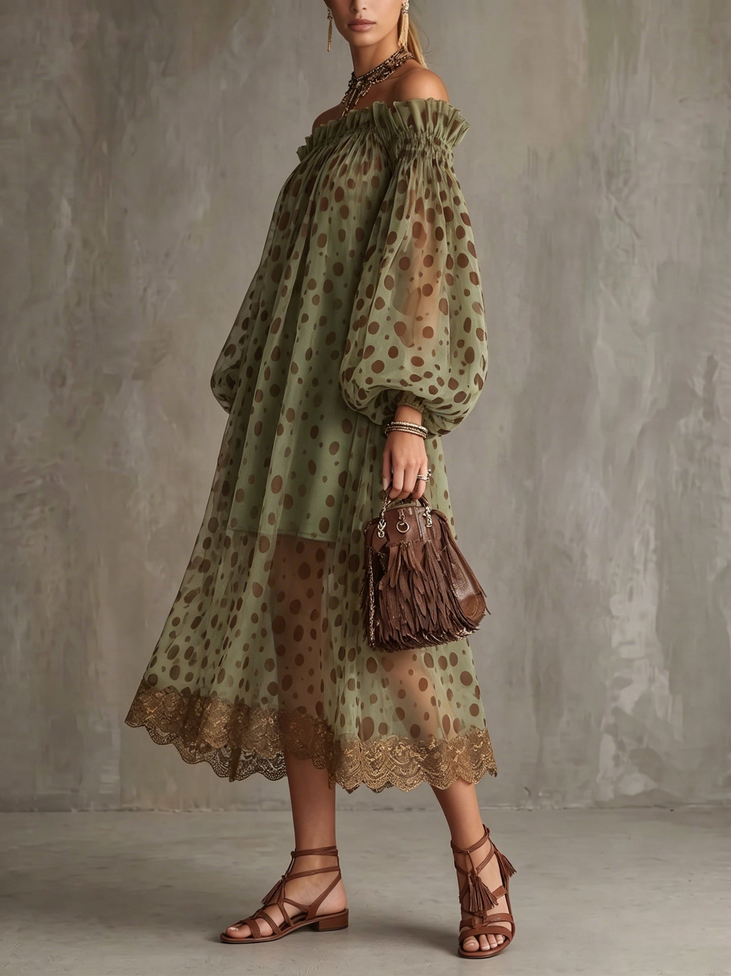 Retro Boho Off-shoulder Polka Dot Print Dress