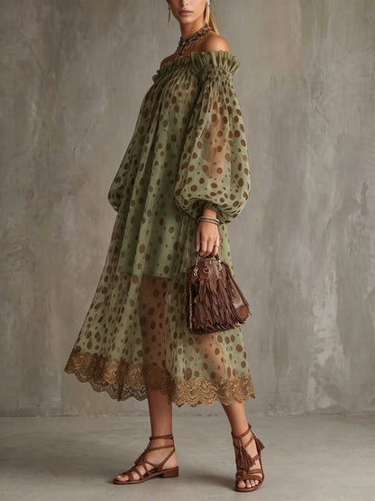 Retro Boho Off-shoulder Polka Dot Print Dress