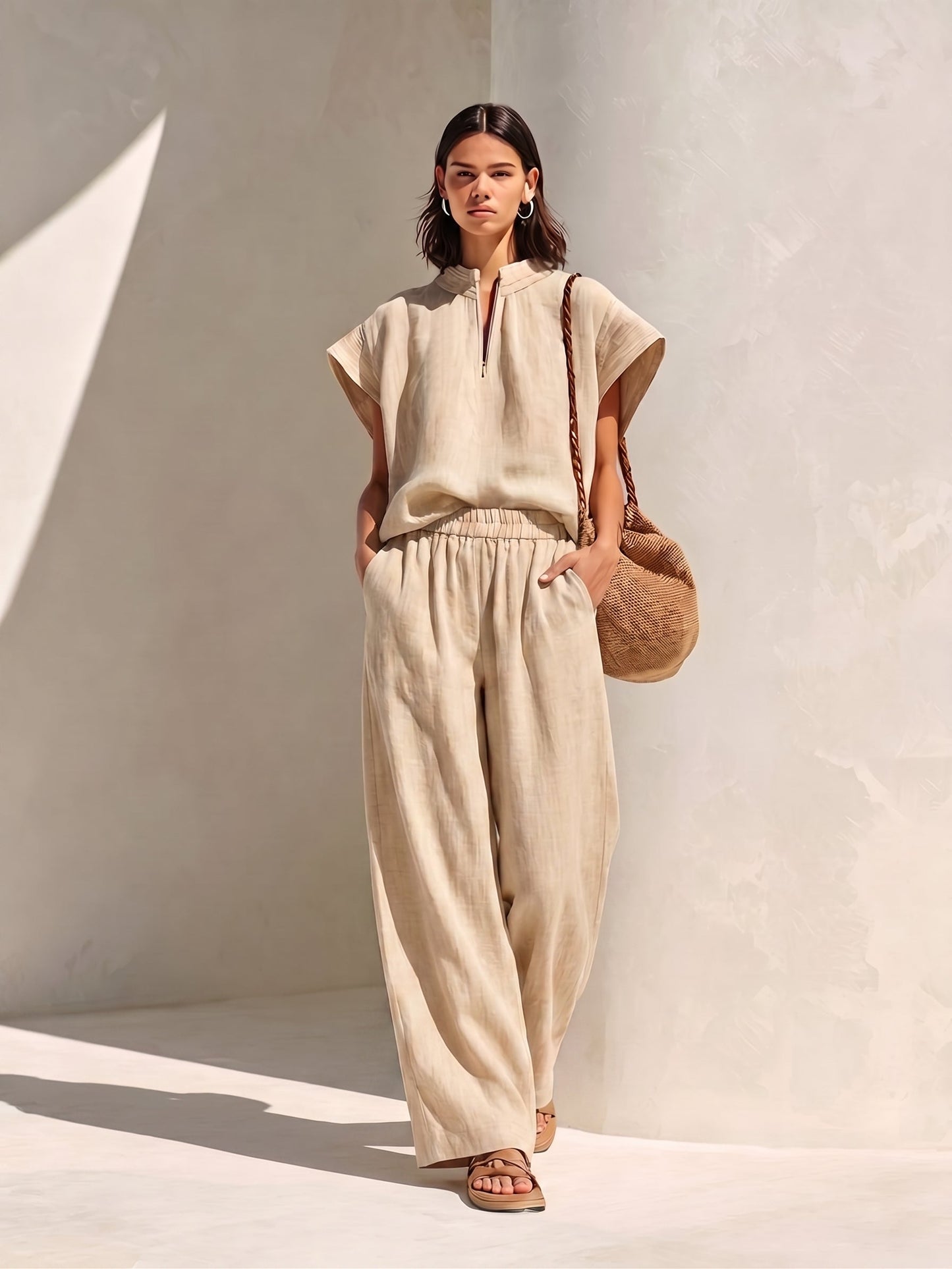 Minimalist Stand-collar Zip-up Top & Wide-leg Pants Two-piece Set