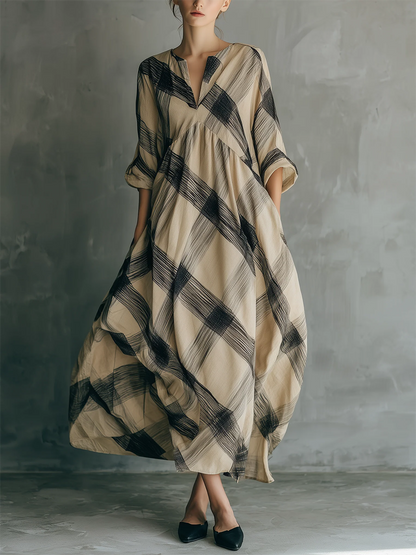 Artistic Brushstroke Print Loose Cotton-linen Dress