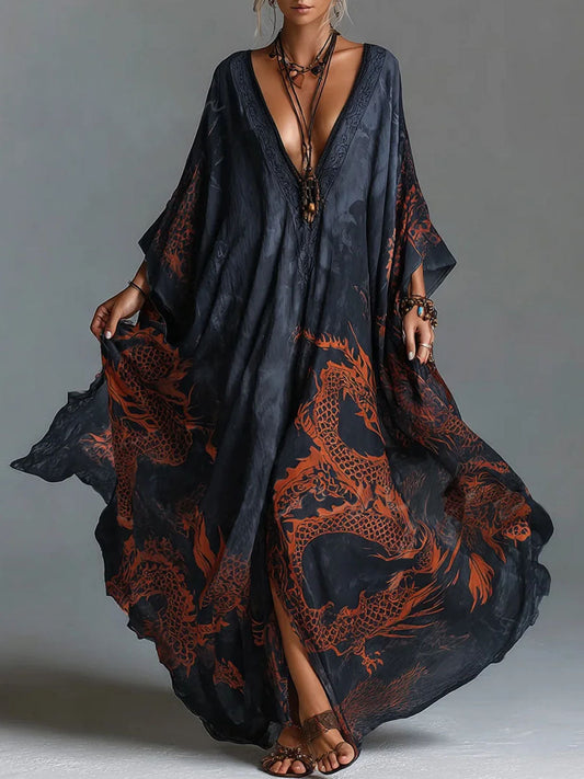 Women's Vintage V-neck Long-sleeve Casual Loose Cotton-linen Dress With Placement Print
