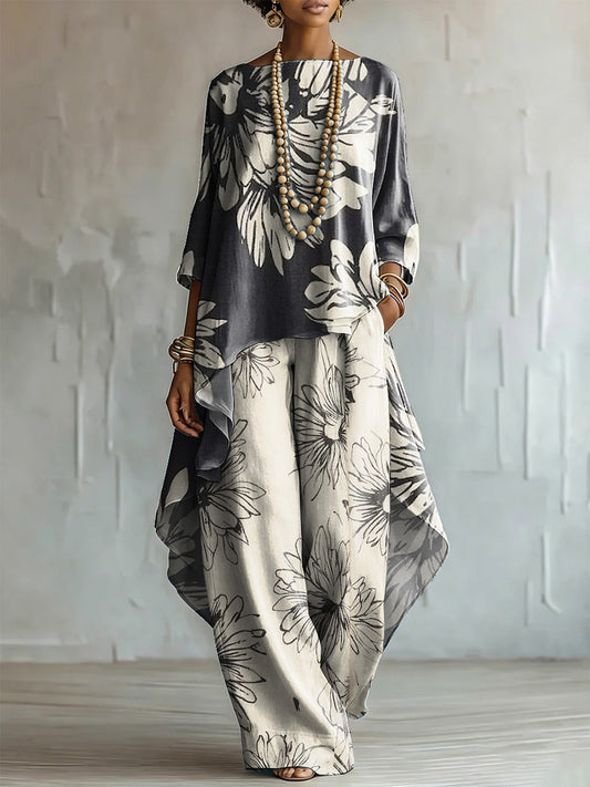 Elegant & Artistic Floral Line-art Two-piece Set