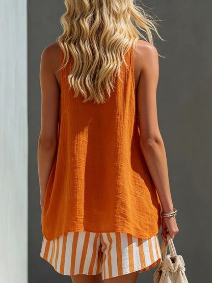 Women's Orange Cotton-linen Vest And Striped Shorts Set