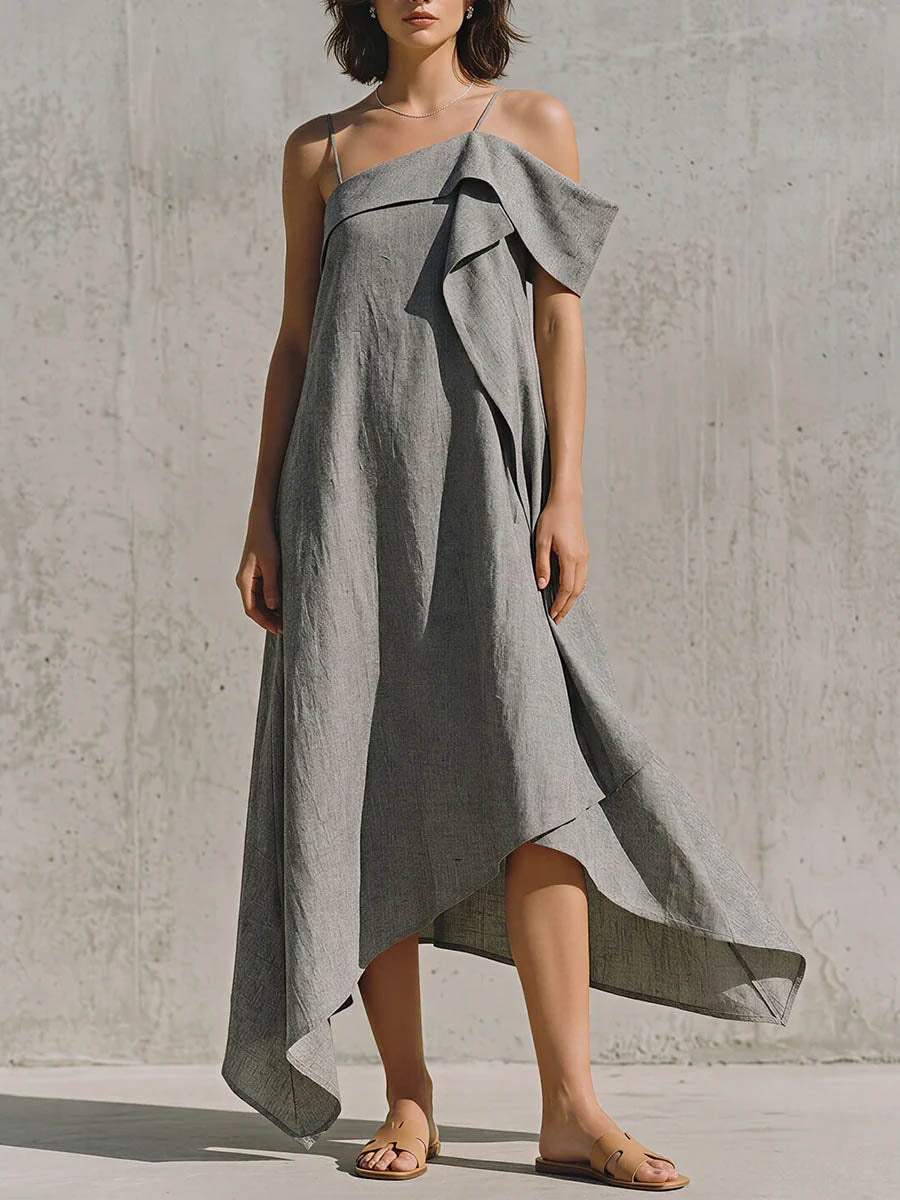 Women's Solid-color Casual Loose Cotton-linen Strappy Dress
