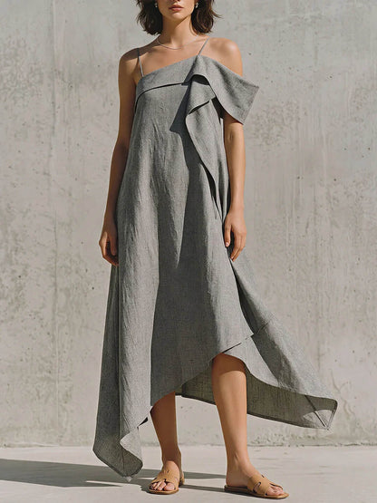 Women's Solid-color Casual Loose Cotton-linen Strappy Dress