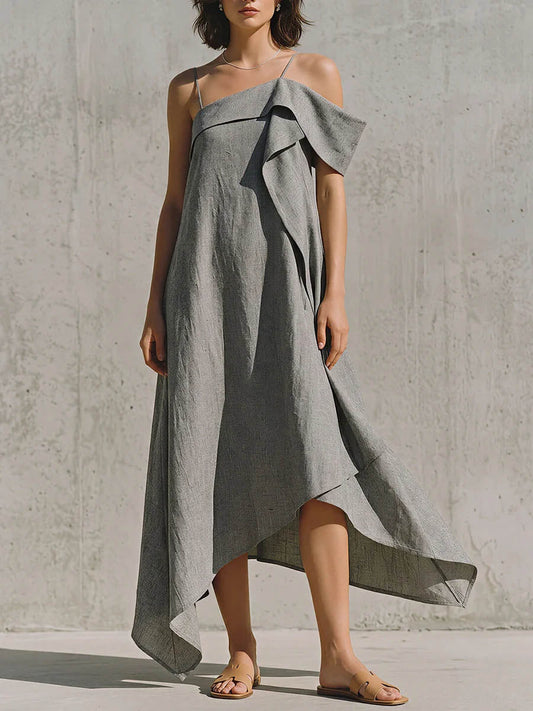 Women's Solid-color Casual Loose Cotton-linen Strappy Dress