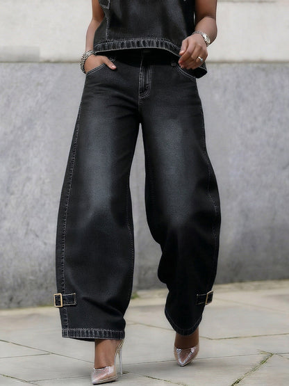 Stylish Casual Strap Detail Loose H-line Jeans
