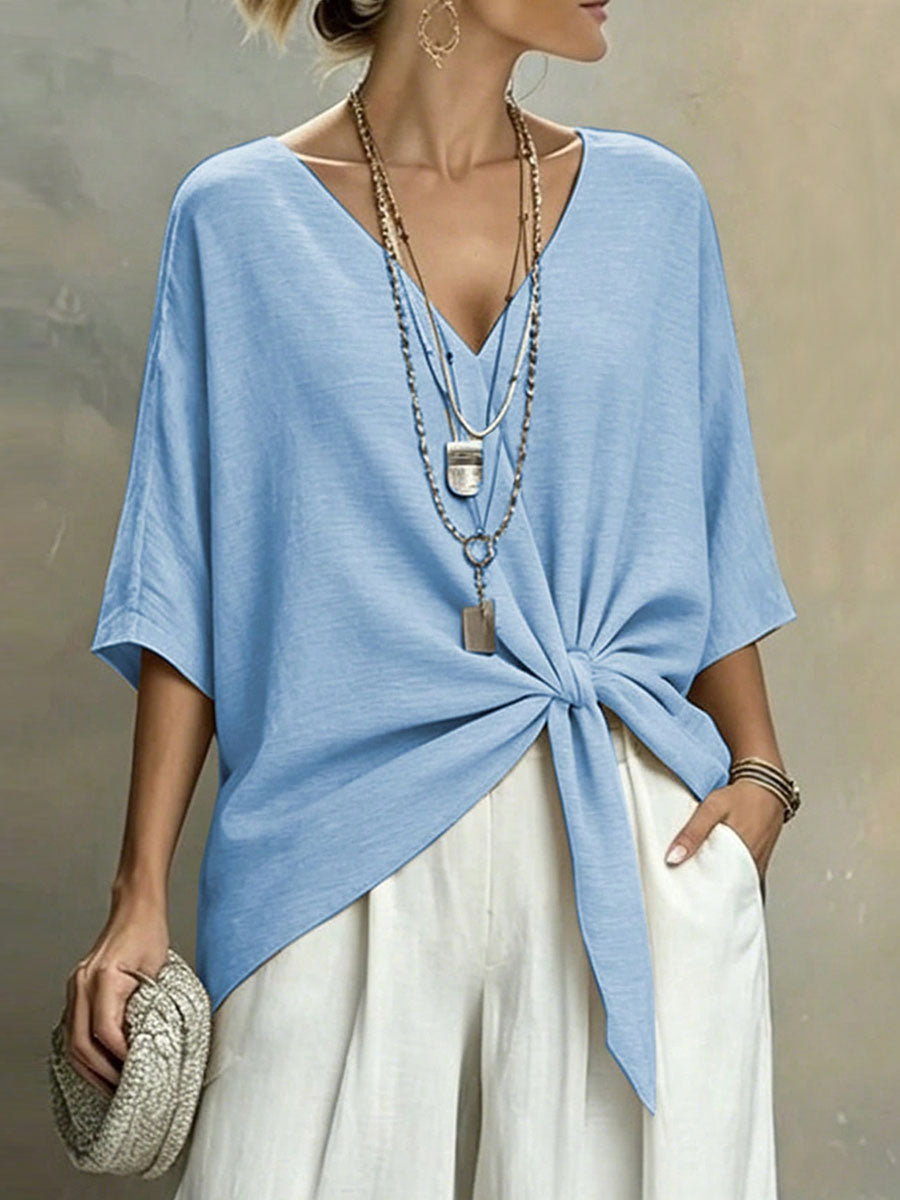 Women's Solid-color V-neck 3/4-sleeve Casual Loose Cotton-linen Top