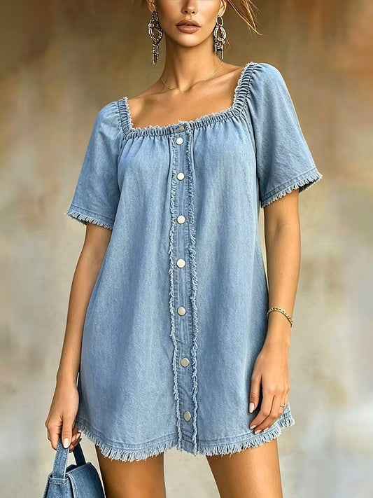 Casual Square-neck Frayed-hem Denim Mini Dress