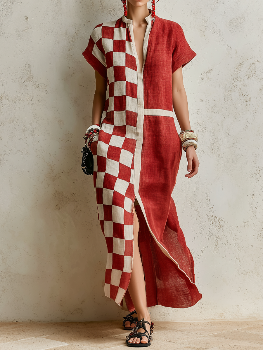 Color-block Checkerboard Patchwork Short-sleeve Shirt Dress With Stand Collar And Button-front